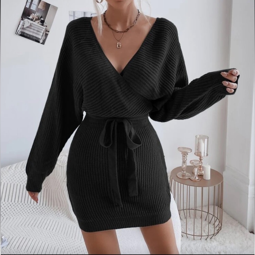Black Women's Long Sleeve Sweater Dress with removable belt off shoulder